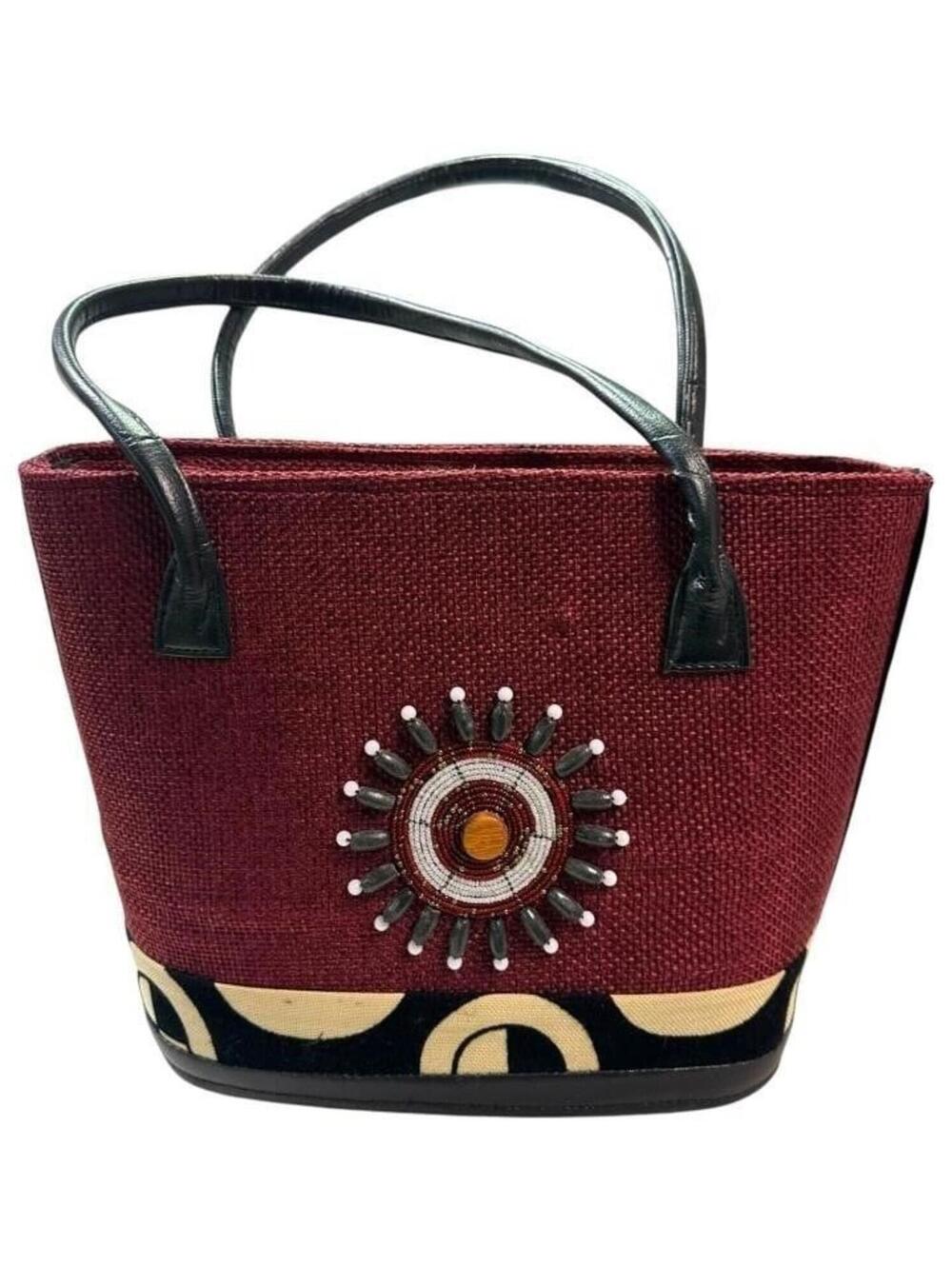 Vintage African Leather Beaded Tote Bag Multicolor Shoulder Purse Boho